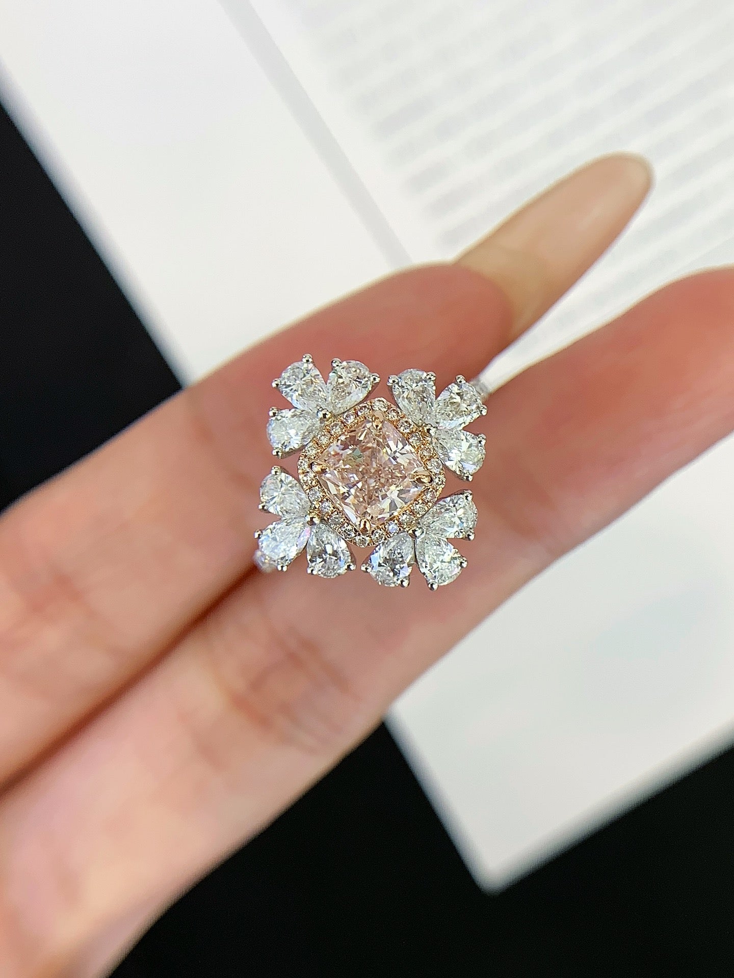 18K Gold Cultured Pink Diamond Snowflake Shape Ring