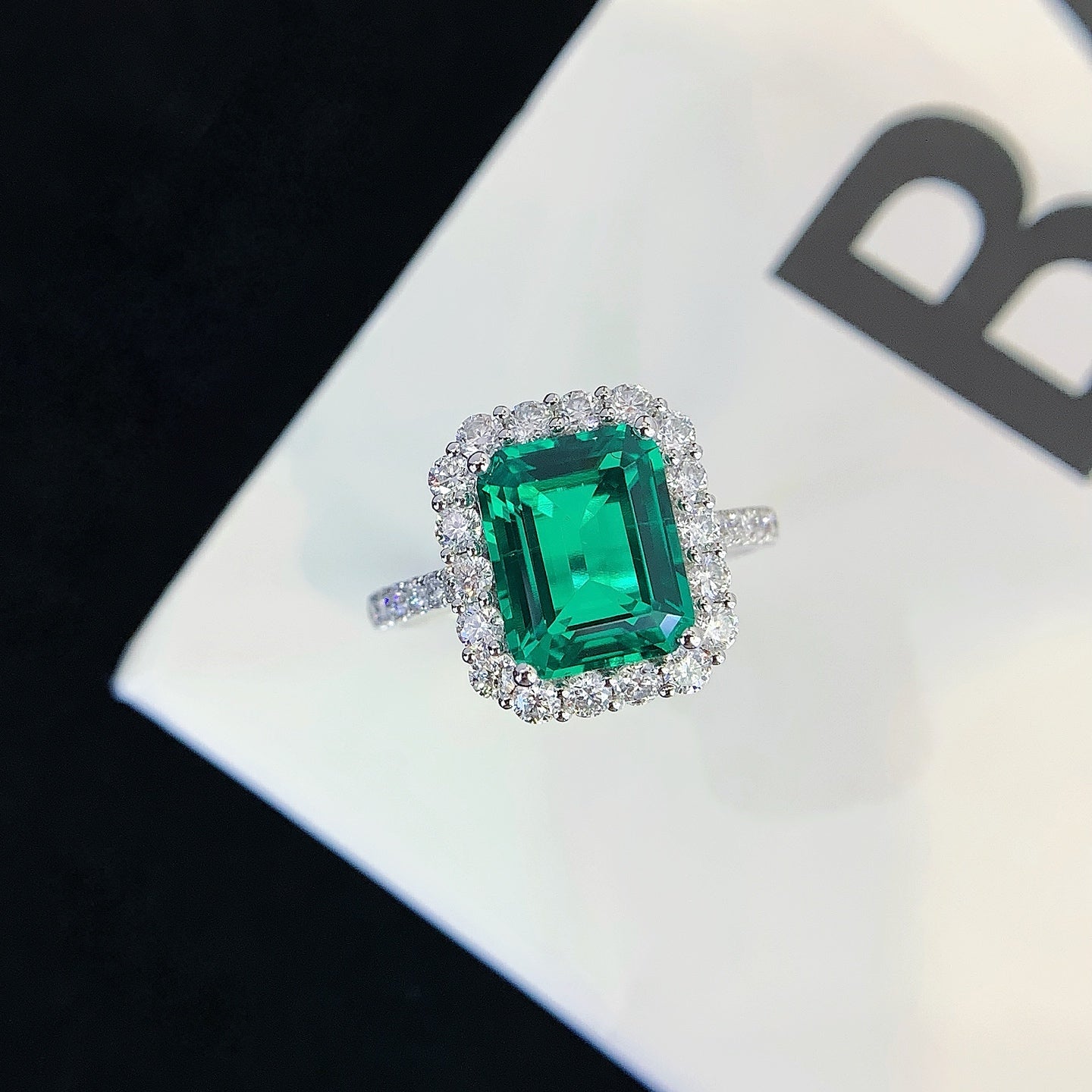 2.9 carat 18K Gold Cultured Emerald Moissanite Diamond Ring