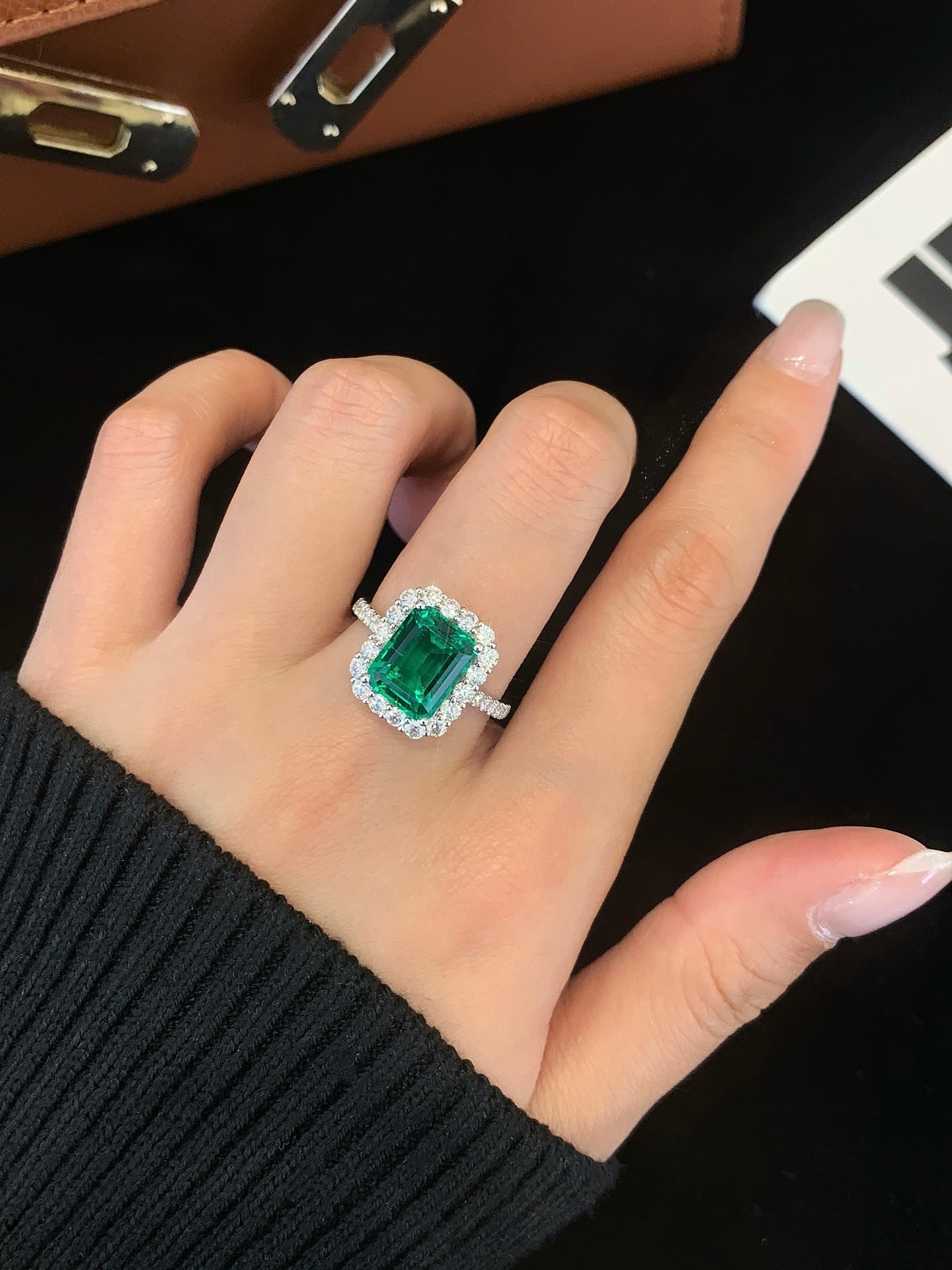 2.9 carat 18K Gold Cultured Emerald Moissanite Diamond Ring