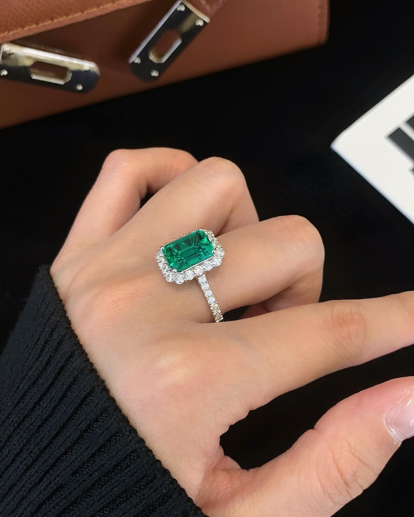 2.9 carat 18K Gold Cultured Emerald Moissanite Diamond Ring