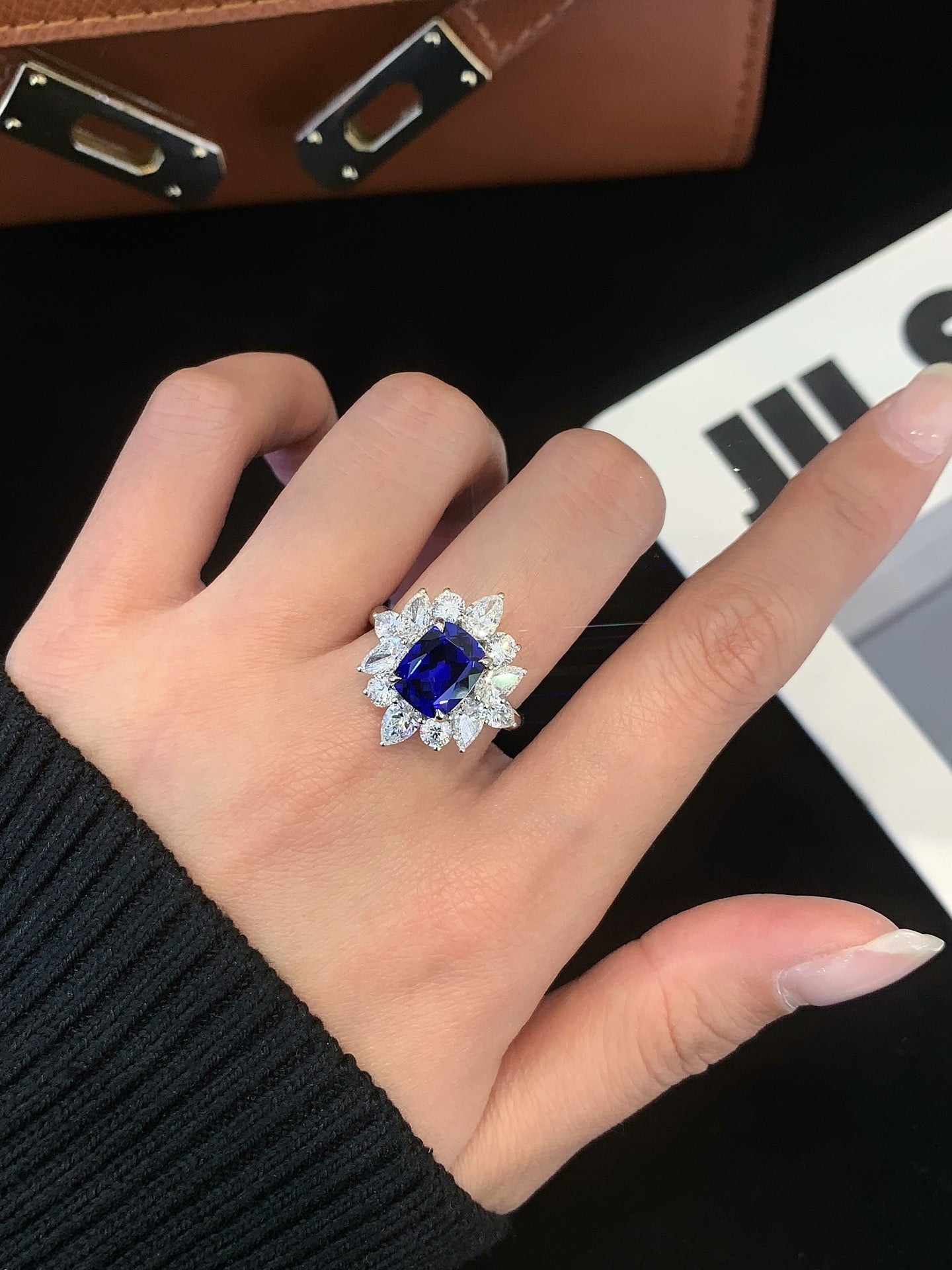 2.7ct Sapphire Ring Set With Cultured Diamonds