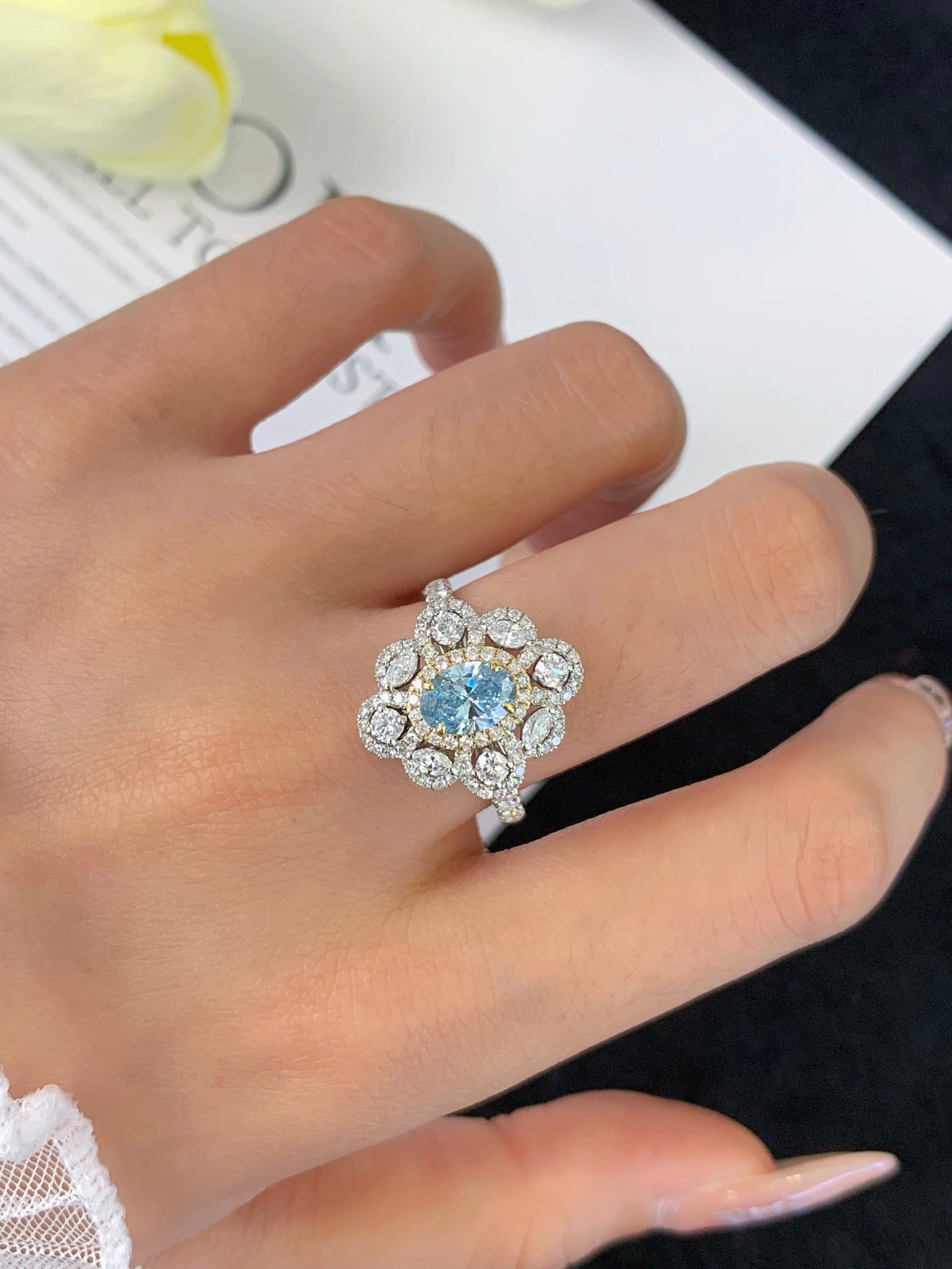 18K Gold Cultivated Blue Diamond Ring Necklace (Two Ways to Wear)