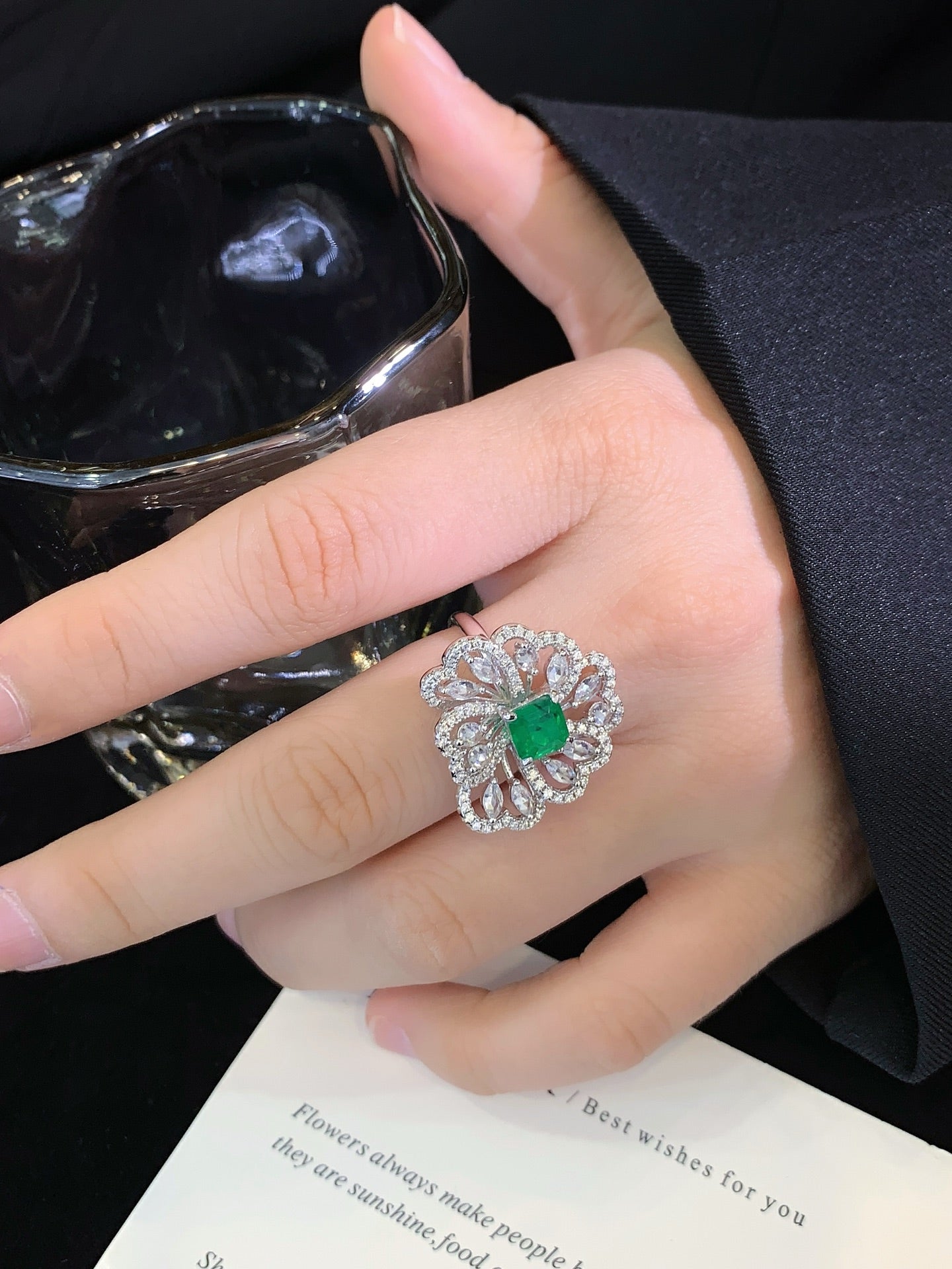 S925 silver inlaid colored gemstone ring
