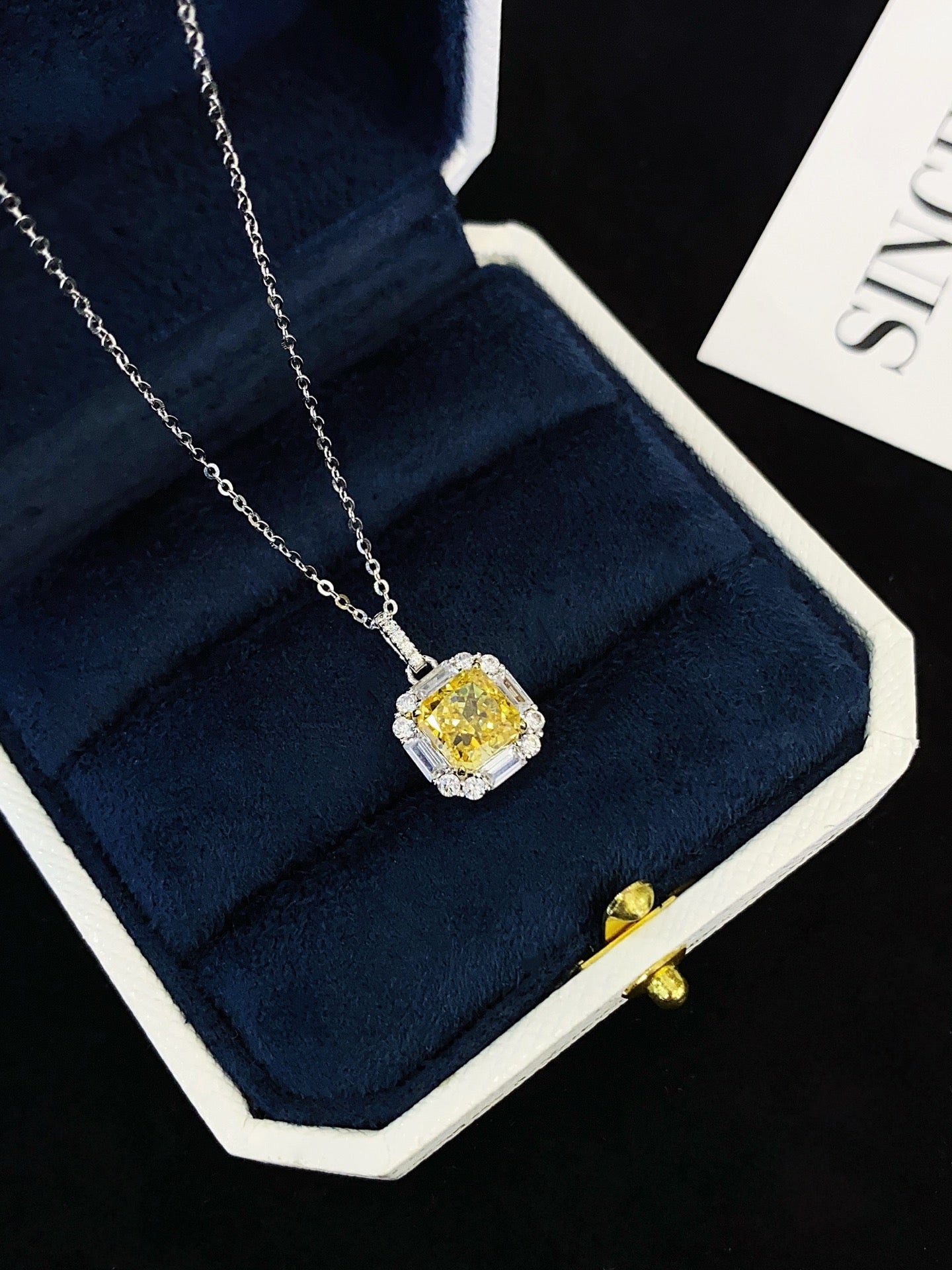 S925 silver necklace set with square yellow gemstones