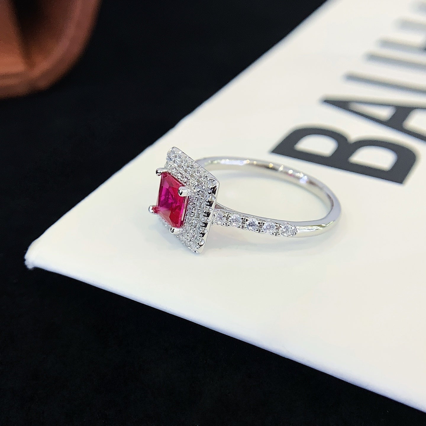 S925 silver ring set with square pink gemstones