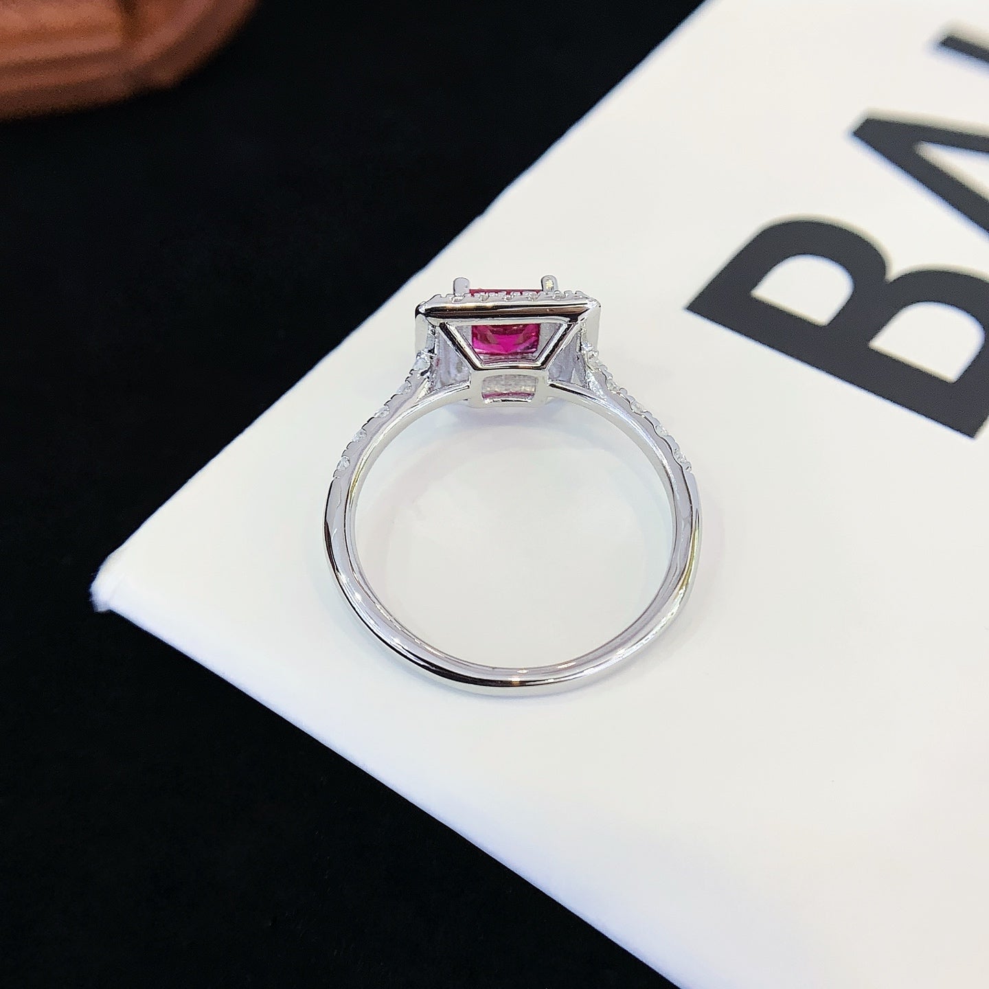 S925 silver ring set with square pink gemstones