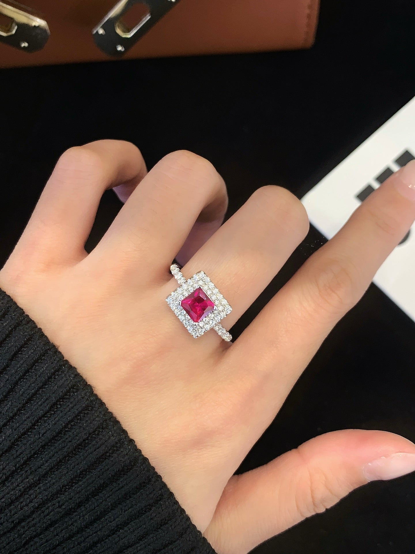 S925 silver ring set with square pink gemstones