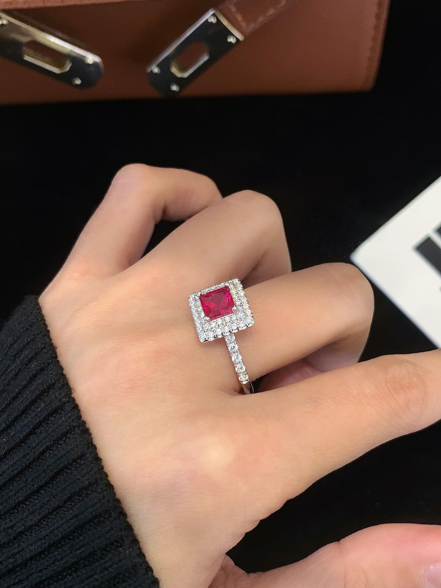 S925 silver ring set with square pink gemstones