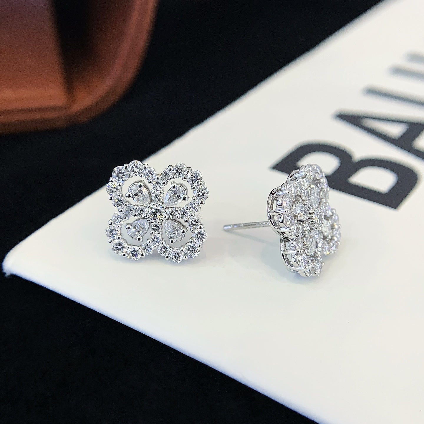 18K gold cultured diamond four-leaf clover earrings