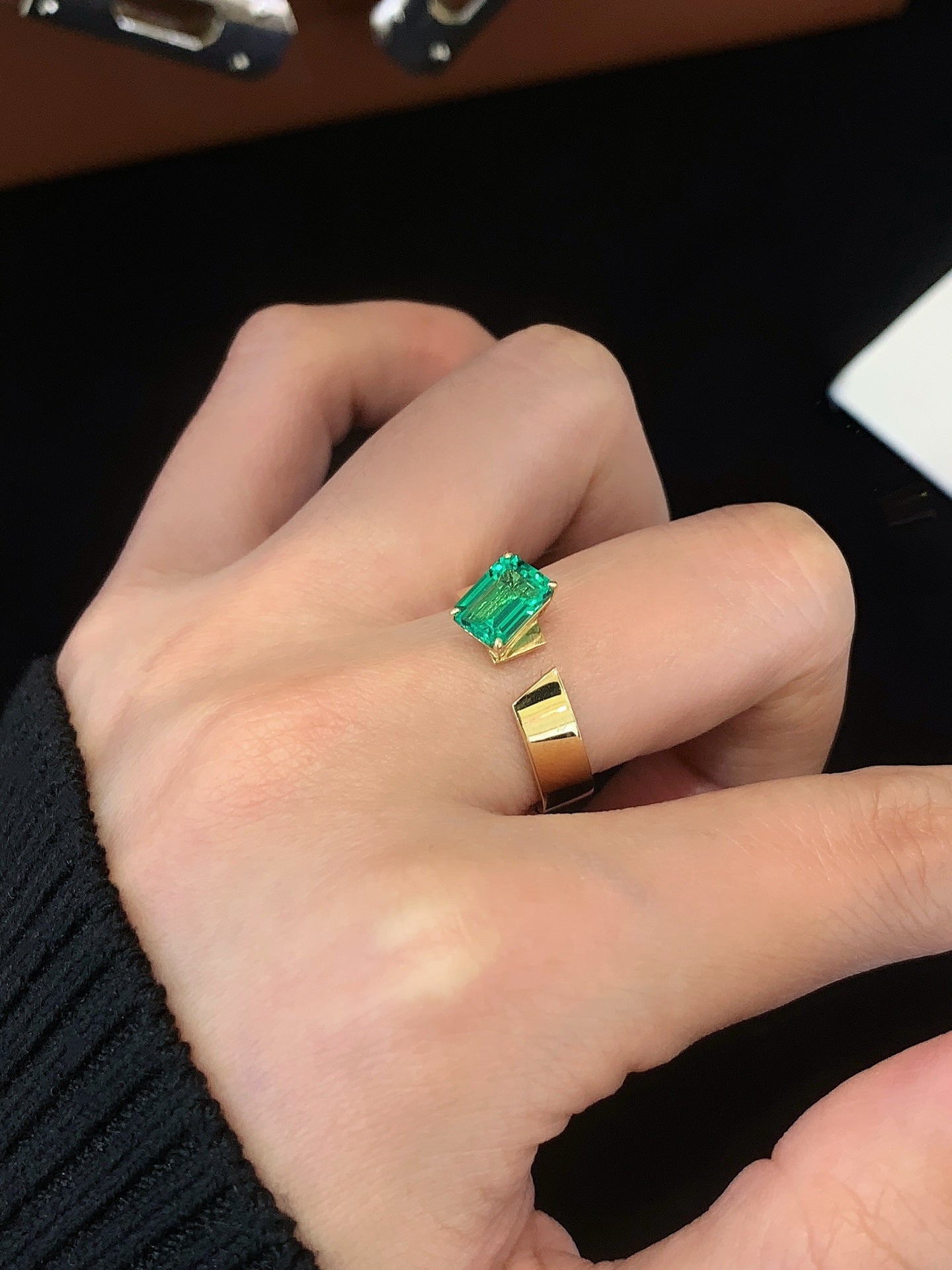 18K Gold Cultured Emerald Open Ring