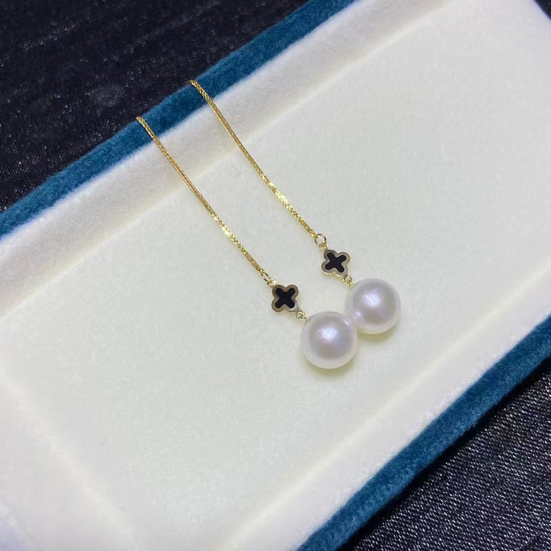 18k four-leaf clover pearl ear wire