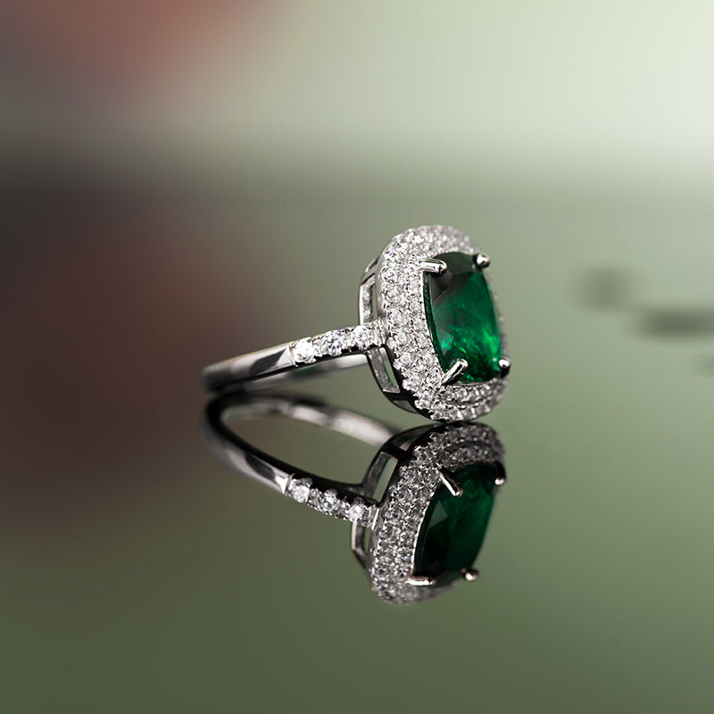 925 Sterling Silver Emerald And Diamond Ring