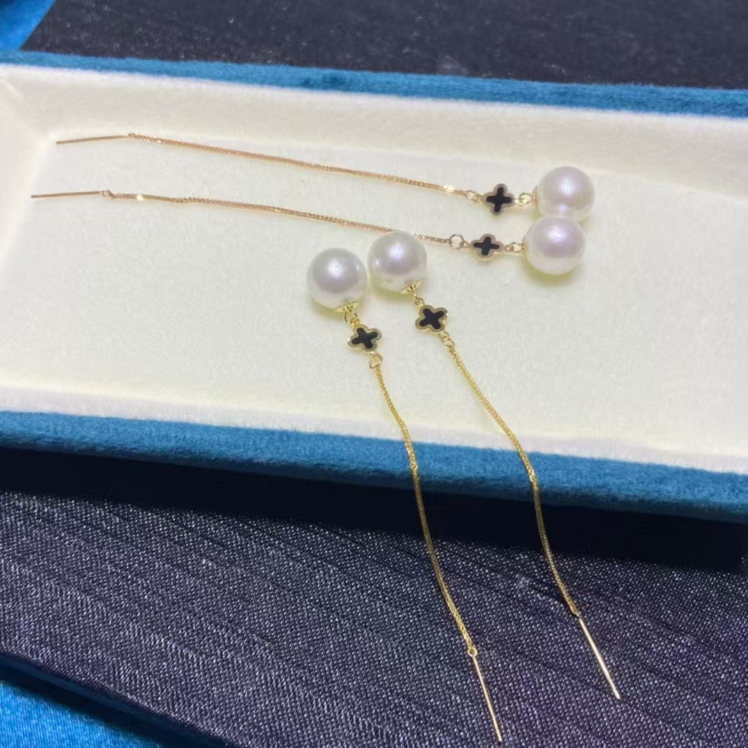 18k four-leaf clover pearl ear wire
