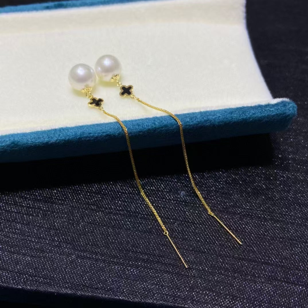 18k four-leaf clover pearl ear wire