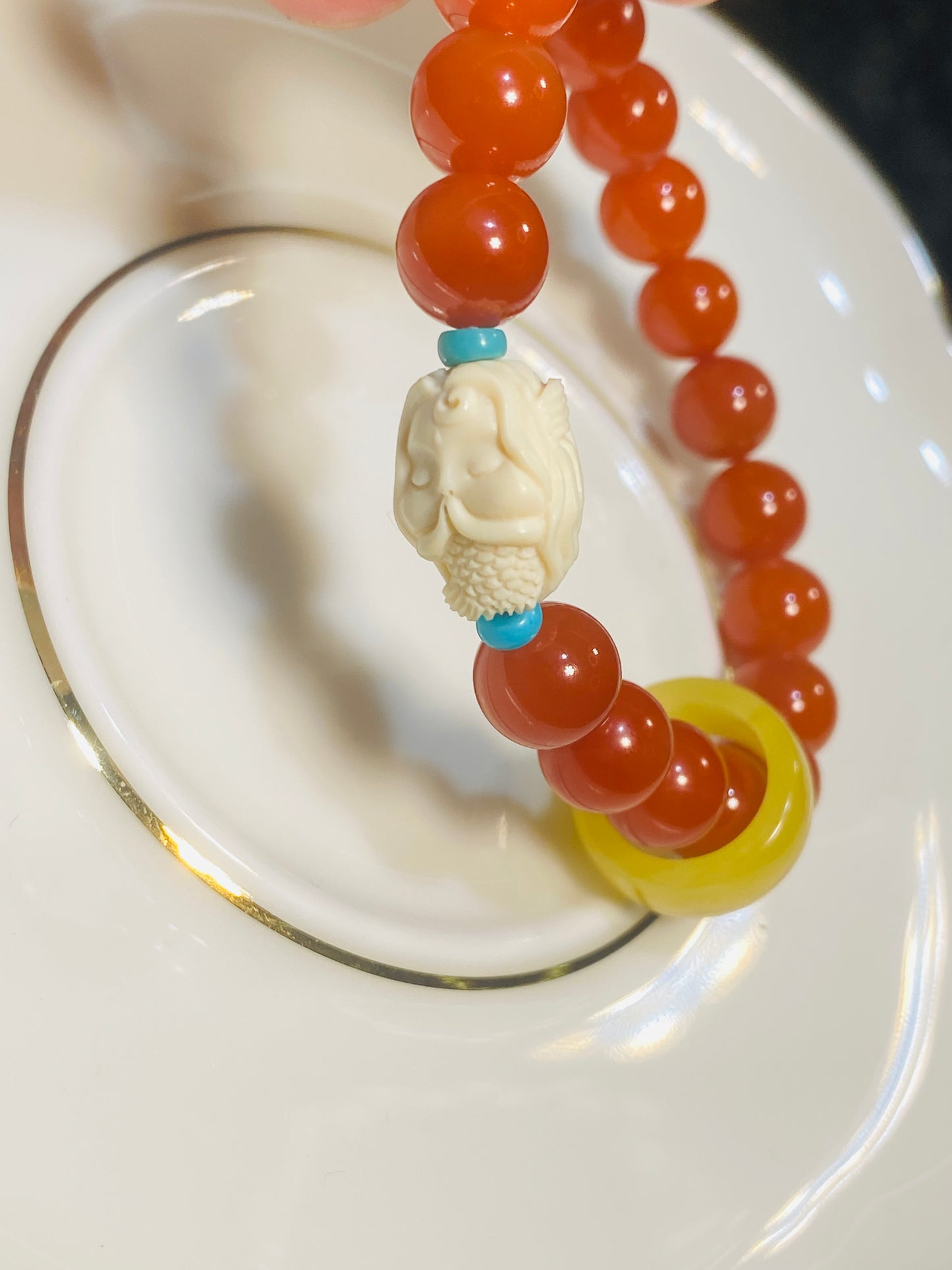 South Red Beads with Hand-carved Mermaid Accessory Bracelet
