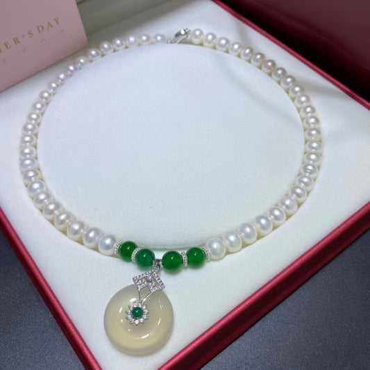 7-8mm Natural Pearl Necklace With Agate Pendant
