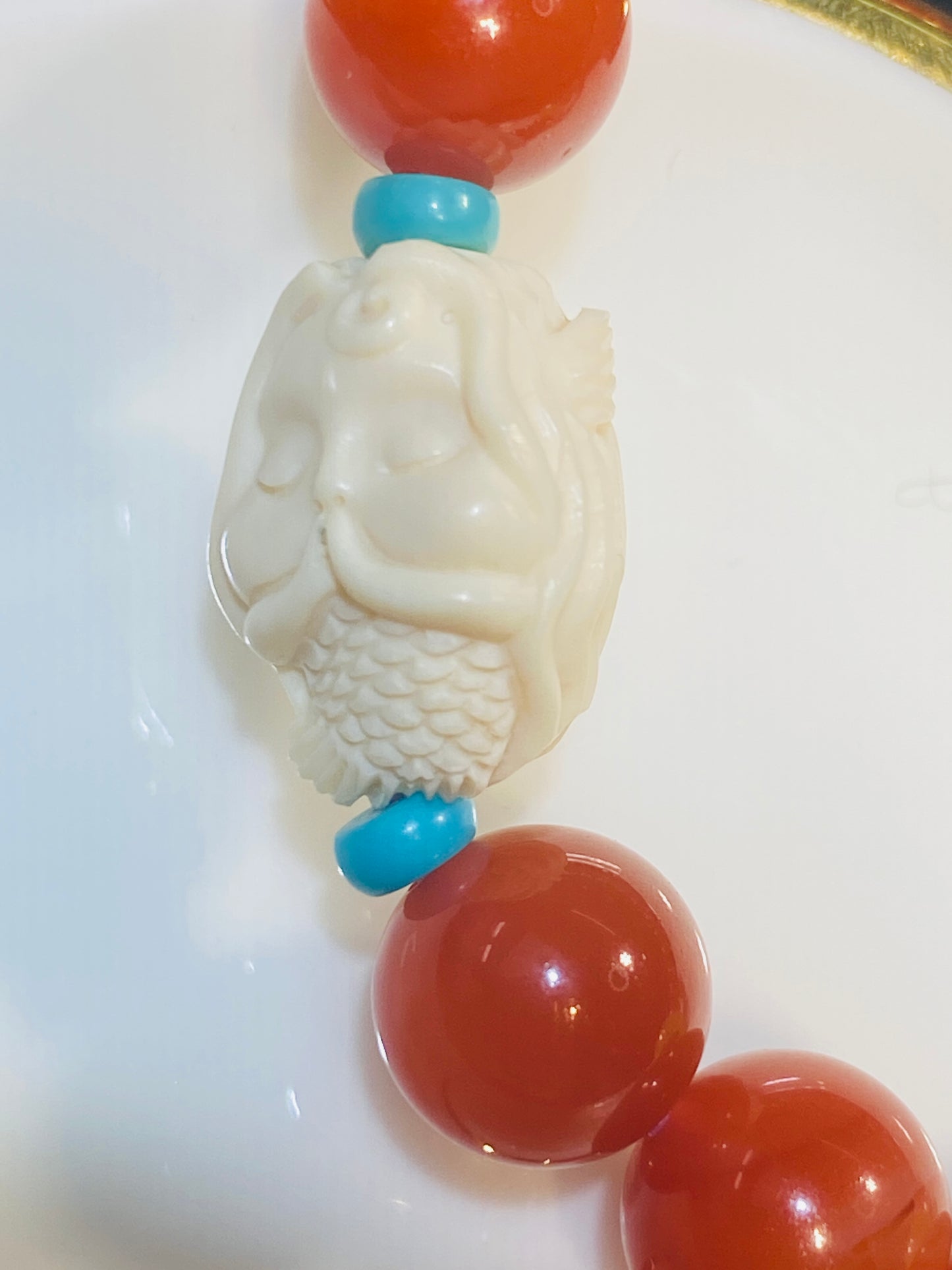 South Red Beads with Hand-carved Mermaid Accessory Bracelet