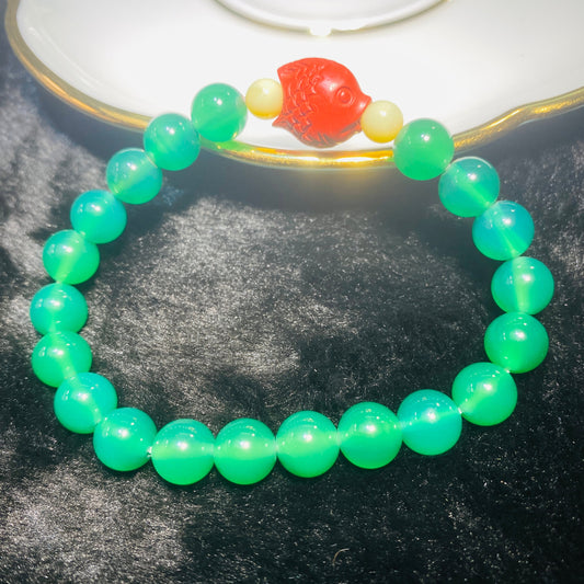 8mm Green Agate with Cinnabar Fish Pattern Bracelet