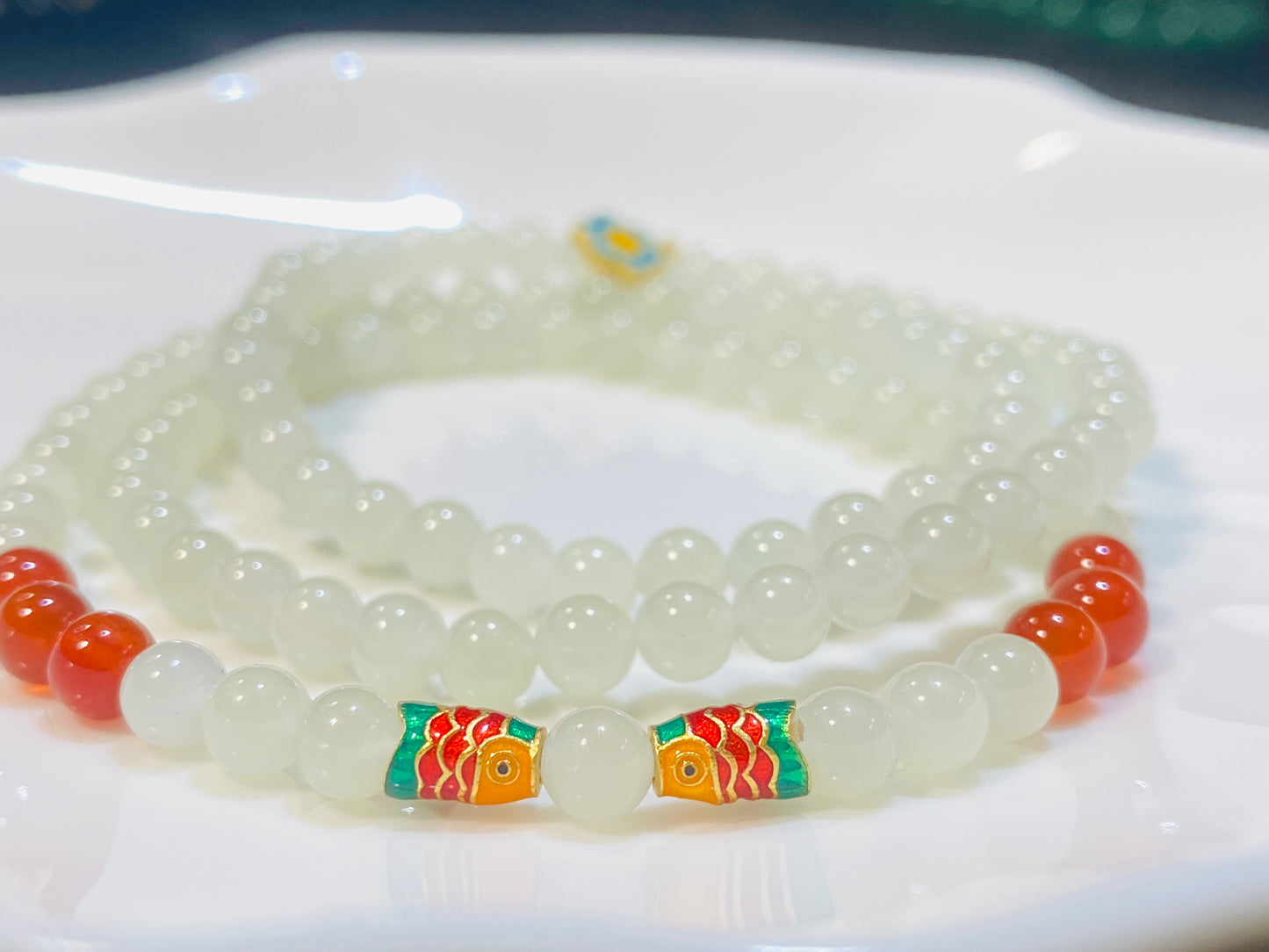 5mm Hetian Jade Beads With Small Fish Pattern Bracelet