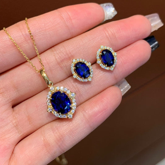 18K Gold Cultivated Sapphire Earrings and Necklace Two-Piece Set Jewelry