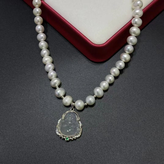 7-8mm Pearl Necklace With Silver Inlaid Hetian Jade Buddha Statue