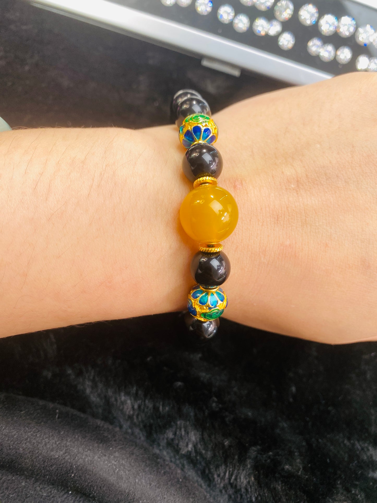 Black Agate Lotus Spacer Bead Bracelet