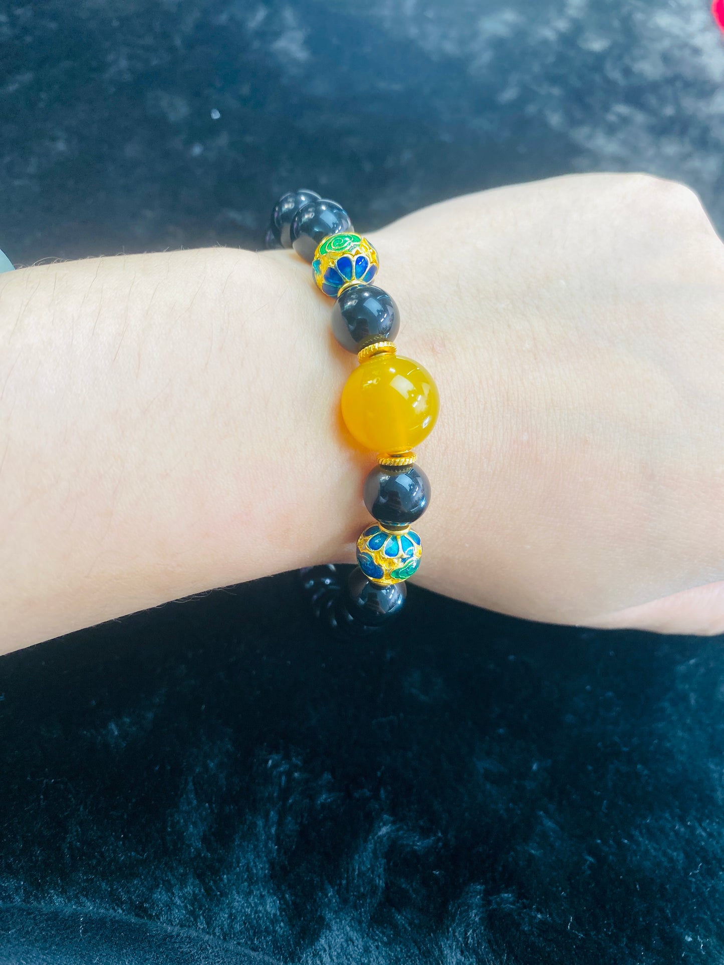 Black Agate Lotus Spacer Bead Bracelet