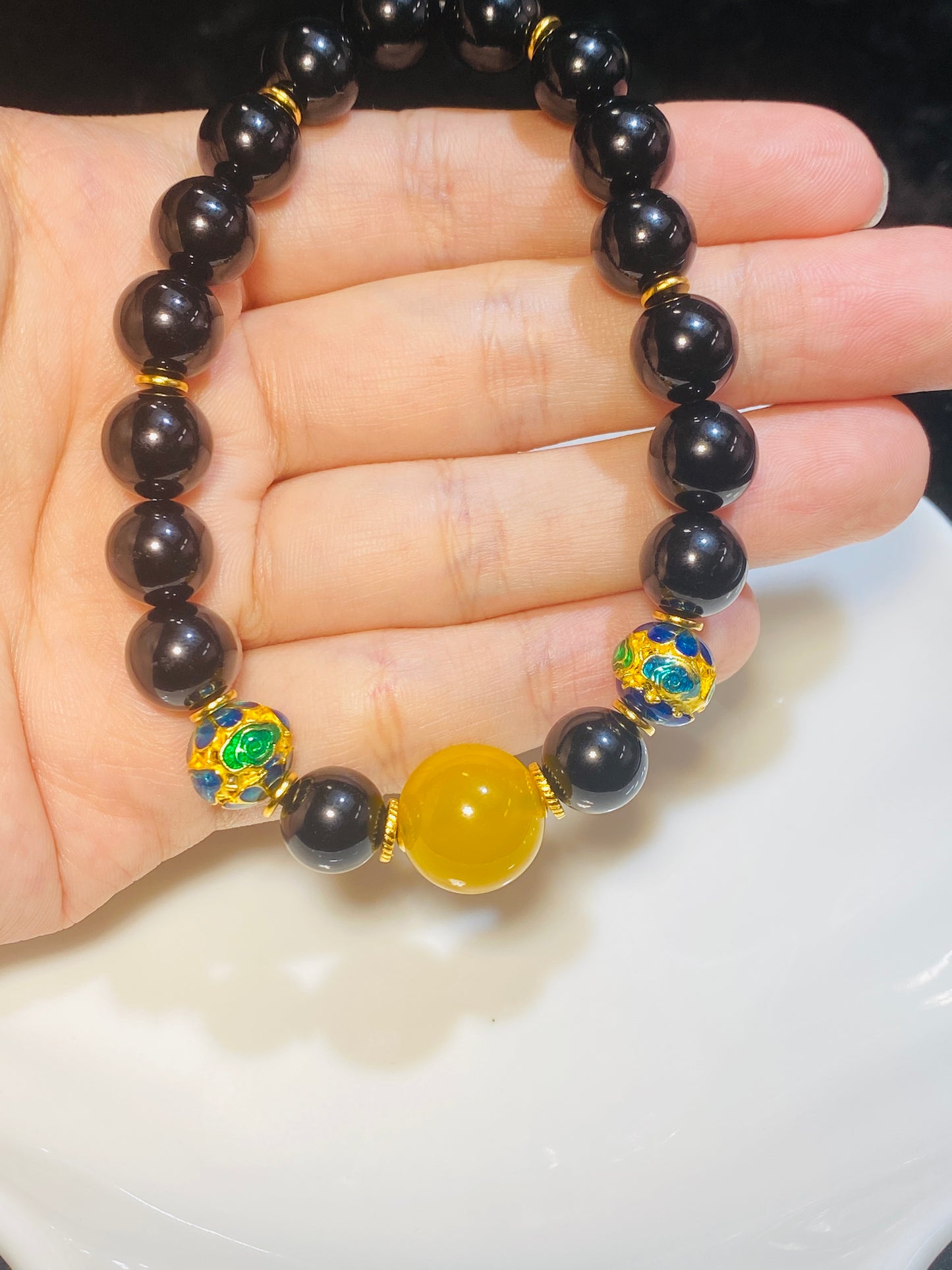 Black Agate Lotus Spacer Bead Bracelet