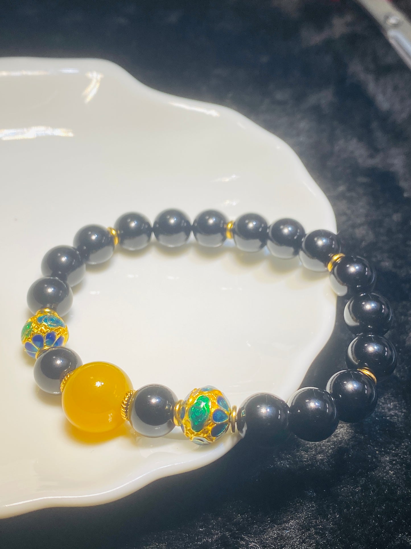 Black Agate Lotus Spacer Bead Bracelet