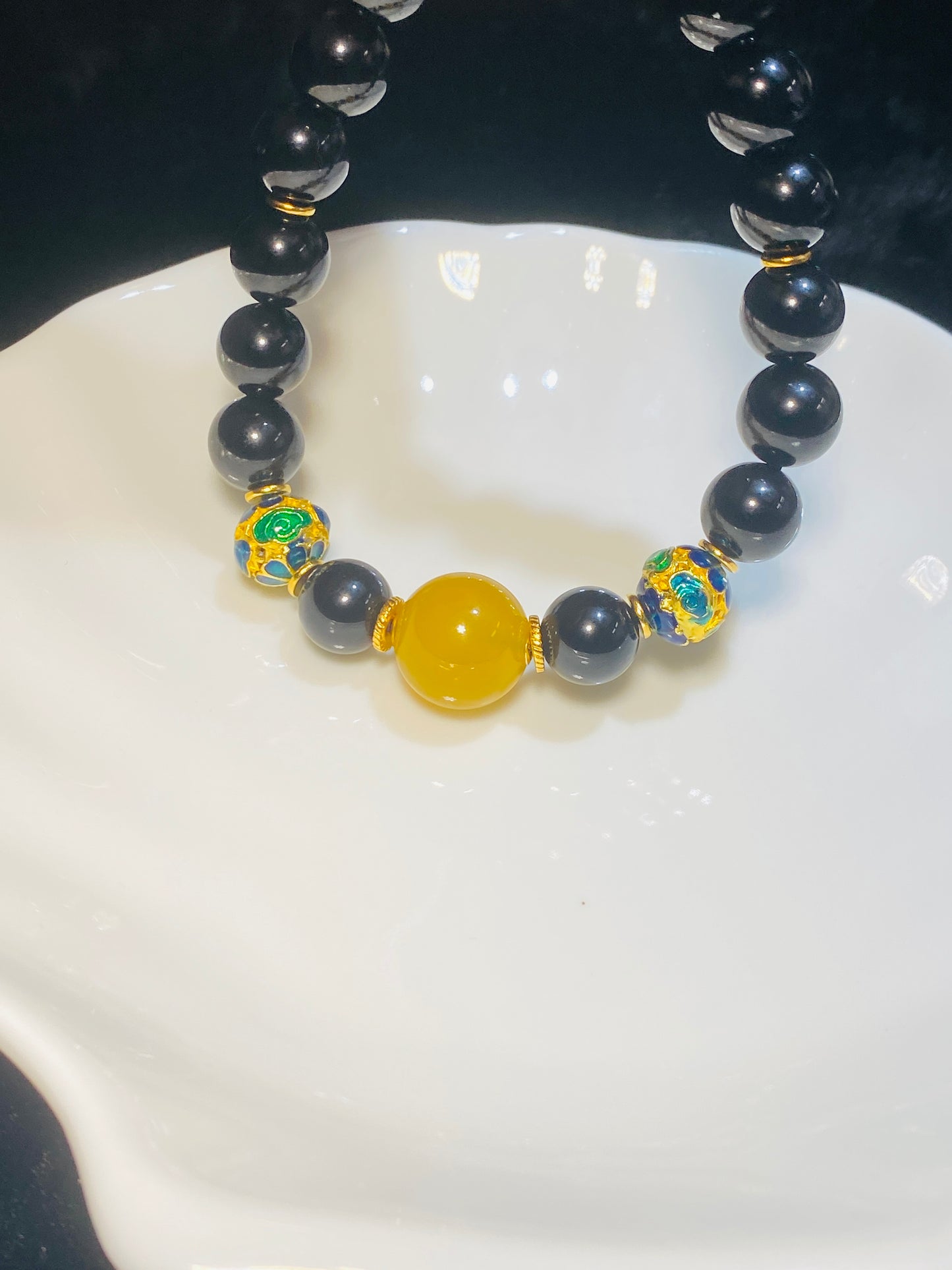Black Agate Lotus Spacer Bead Bracelet
