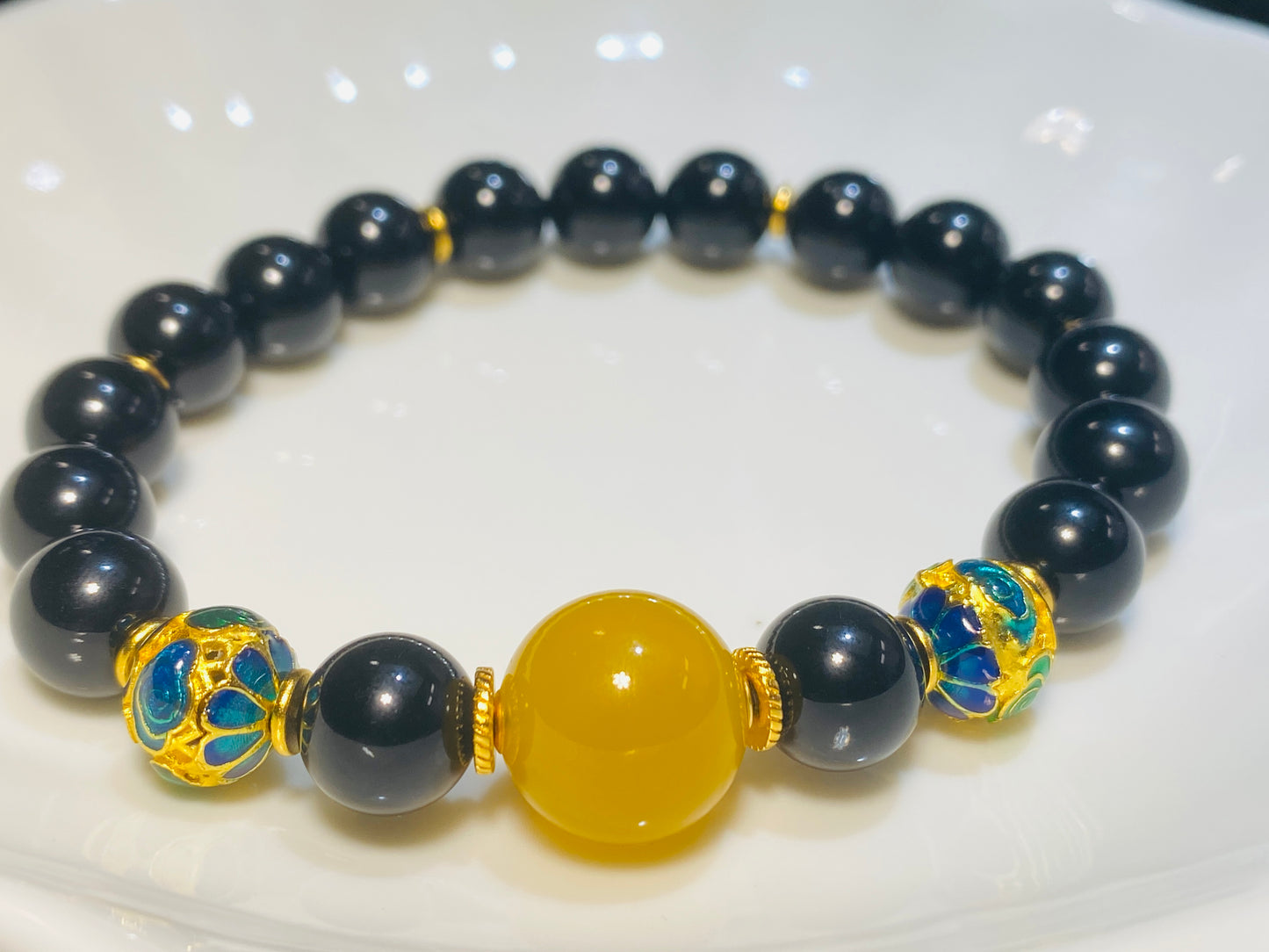 Black Agate Lotus Spacer Bead Bracelet