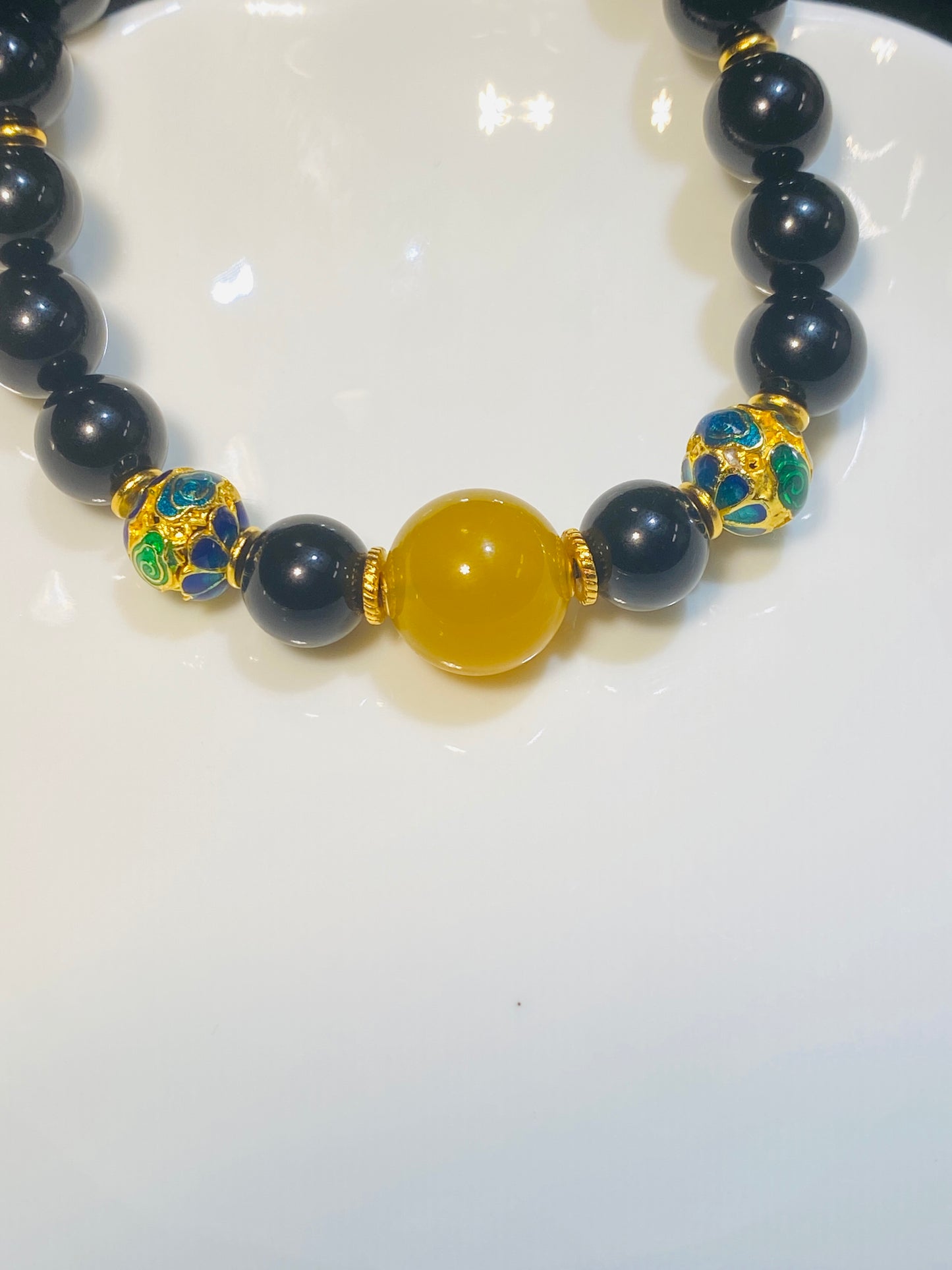 Black Agate Lotus Spacer Bead Bracelet