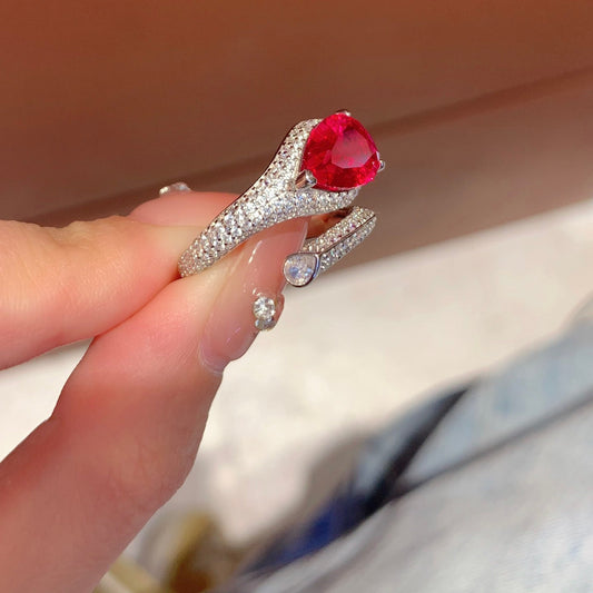 Silver Snake Ring with Red Gemstone