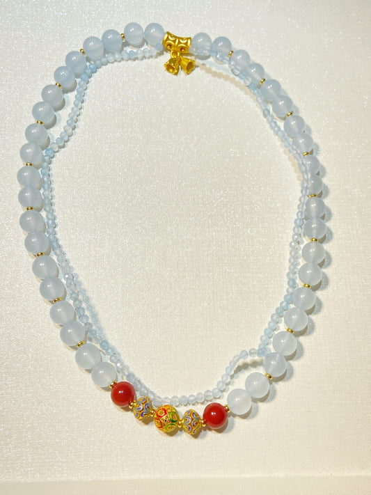 Light Blue Agate With Red Beads Stacking Bracelet
