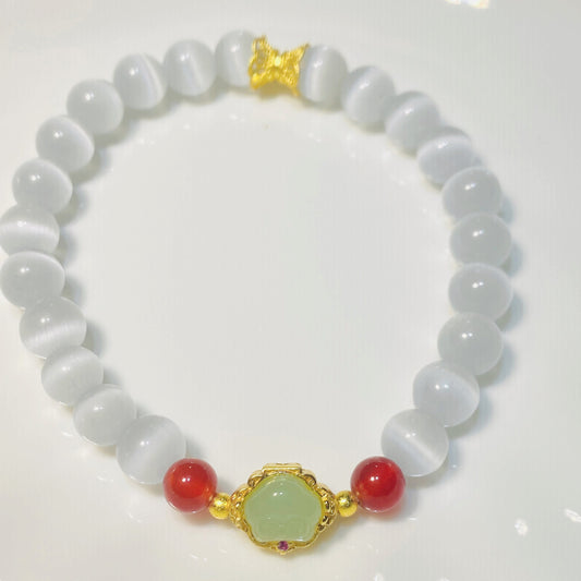 8mm Cat's Eye Stone With Natural Hetian Jade Beads Bracelet