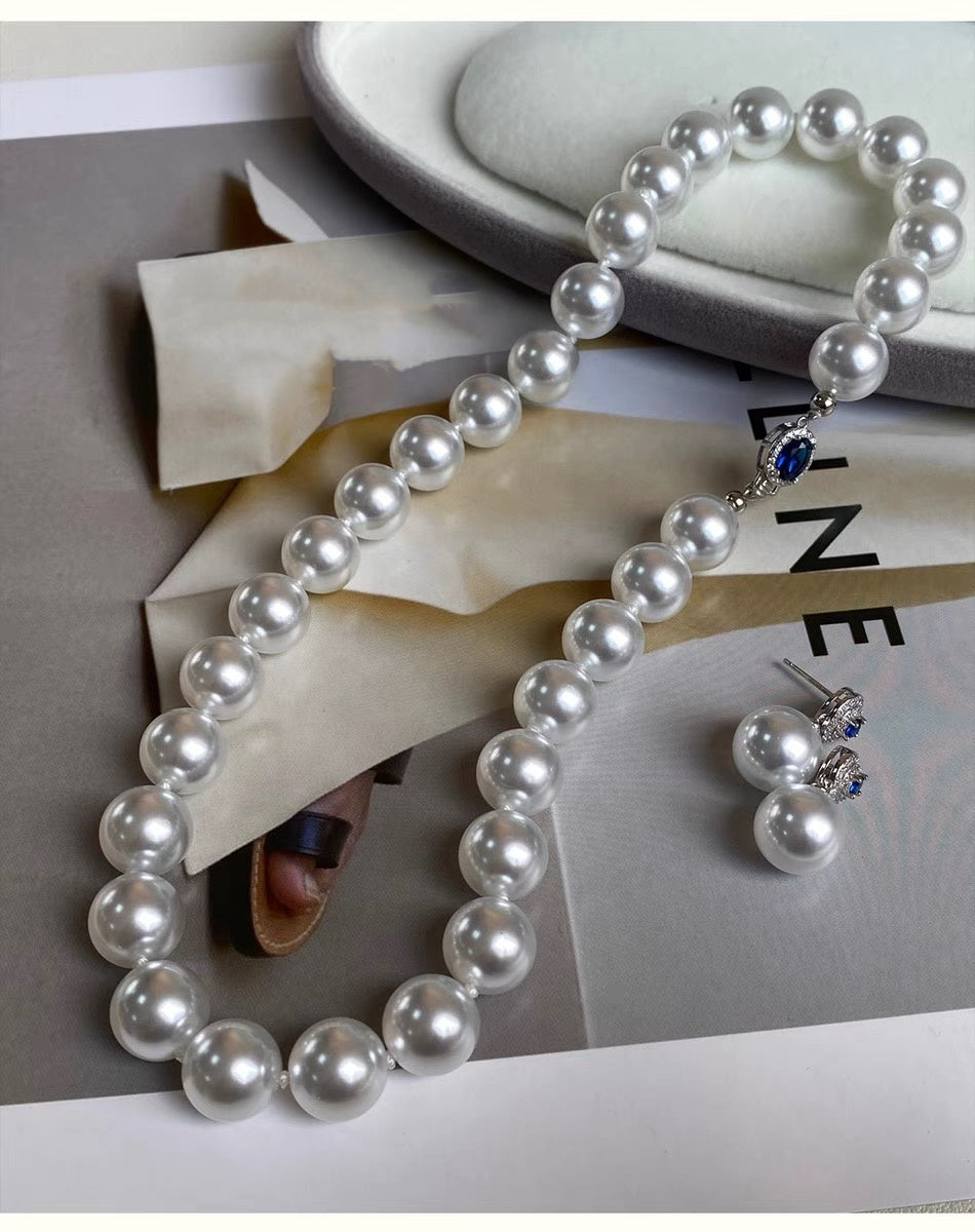 925 Sterling Silver Pearl Necklace with Blue Gemstone