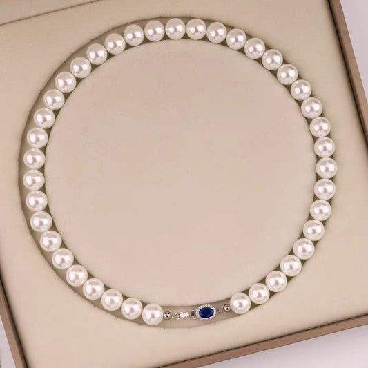 925 Sterling Silver Pearl Necklace with Blue Gemstone