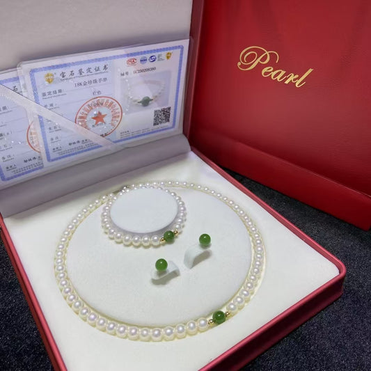 6.5-7mm Natural Freshwater Pearls and Hetian Jade Beads Jewelry Set