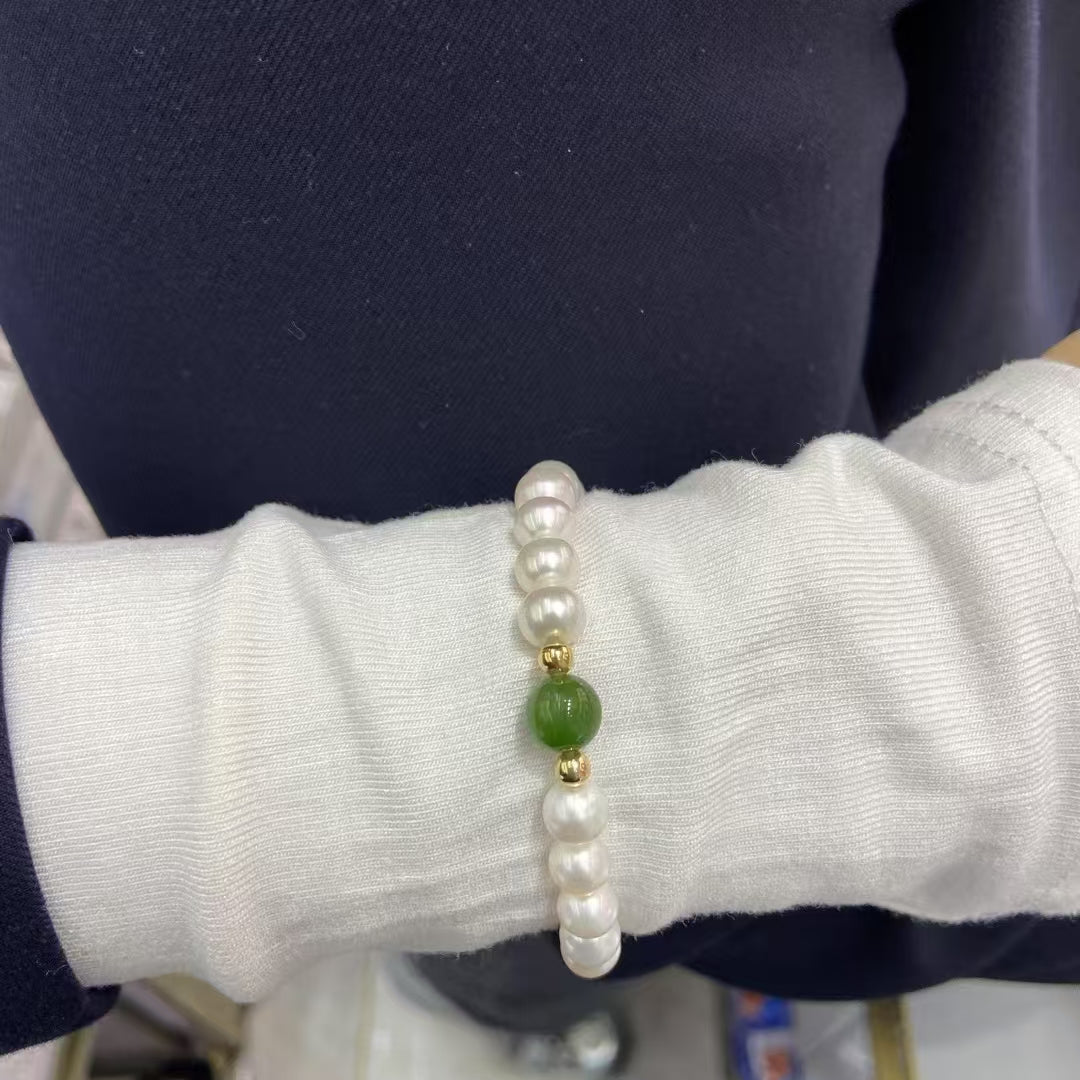 6.5-7mm Natural Freshwater Pearls and Hetian Jade Beads Jewelry Set
