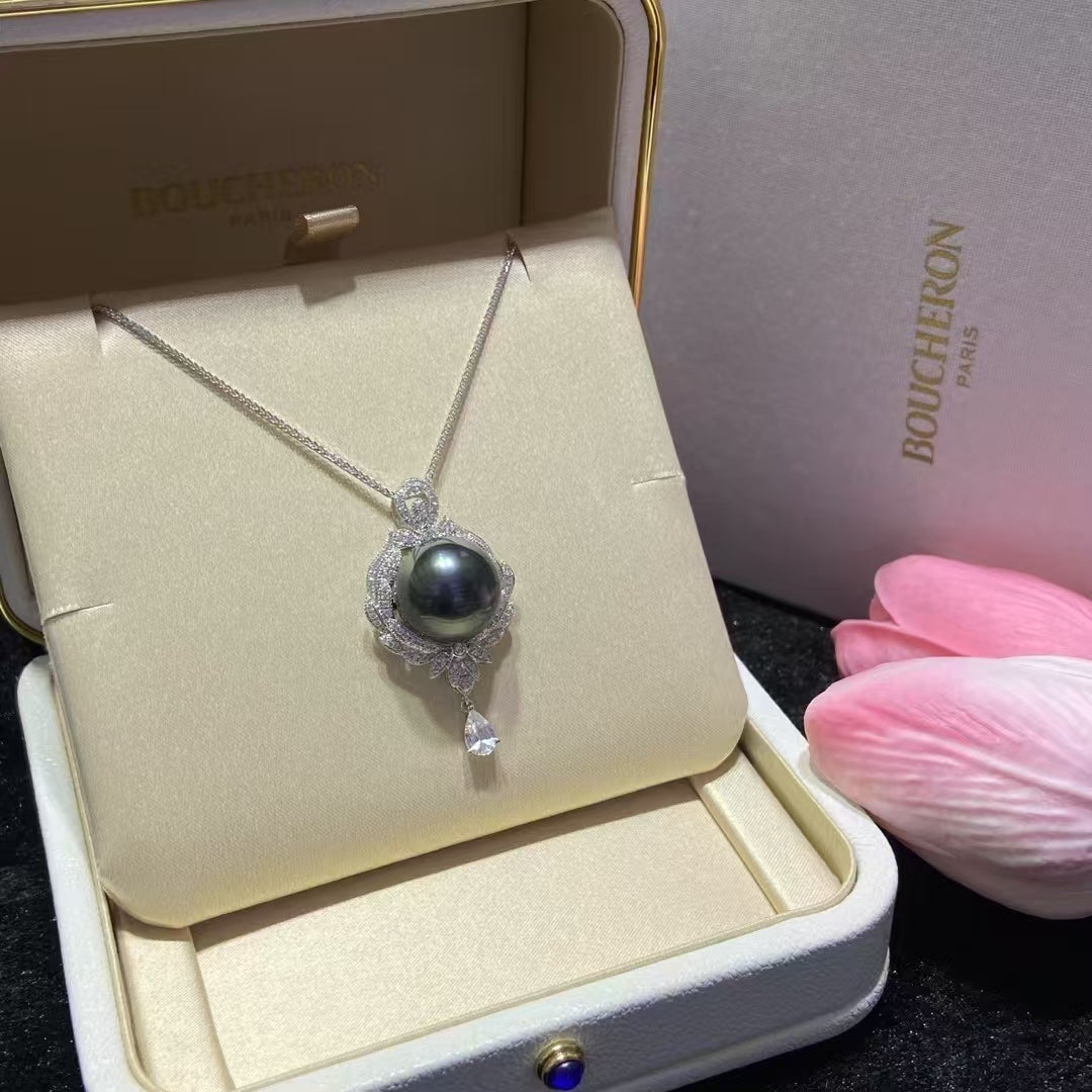 [High Quality]18K Gold Inlaid Diamond 13.9mm Black Pearl High-end Necklace With Gift Box