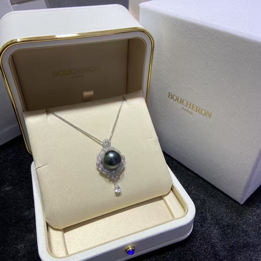 [High Quality]18K Gold Inlaid Diamond 13.9mm Black Pearl High-end Necklace With Gift Box