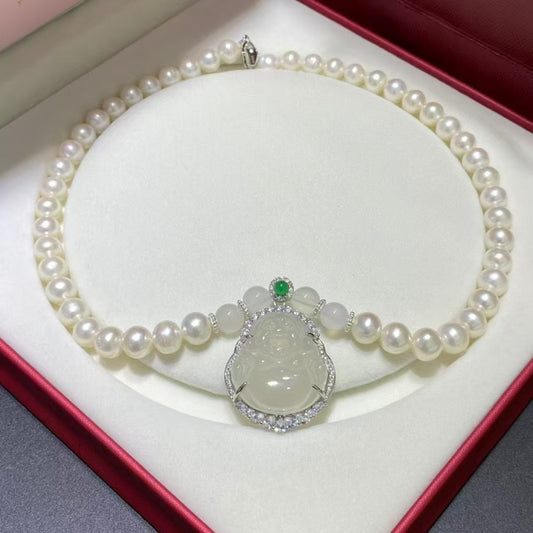 9-10mm Pearl Silver Accessories Agate Buddha Pendant Pearl Necklace