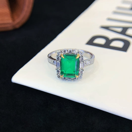 925 Silver Inlaid Green Square Cultured Gemstone Ring