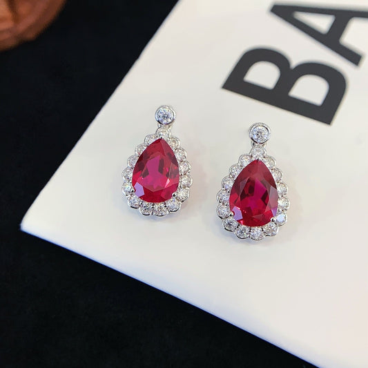 18K Gold Cultured Ruby Drop-Shaped Moissanite Earrings