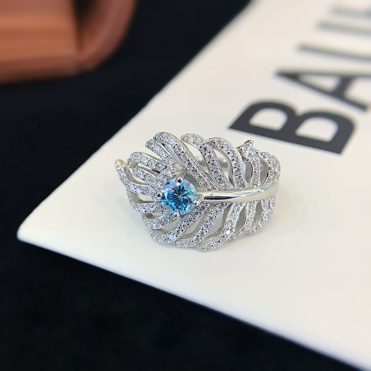 S925 Silver Feather Shaped Ring With Colored Gemstones