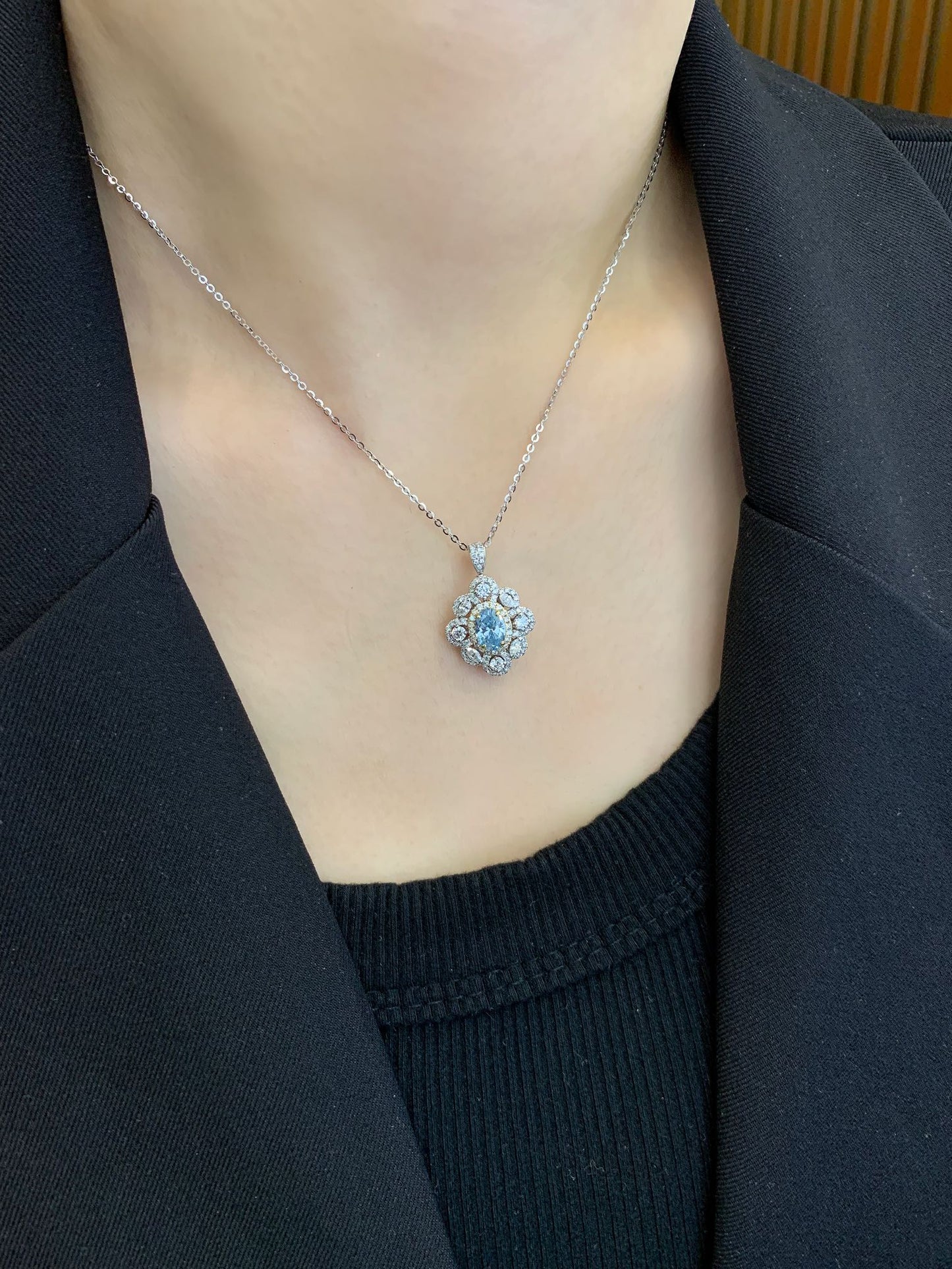 18K Gold Cultivated Blue Diamond Ring Necklace (Two Ways to Wear)
