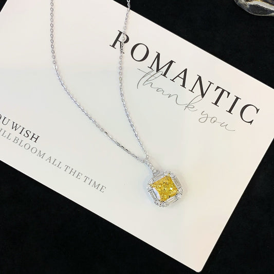 S925 silver necklace set with square yellow gemstones