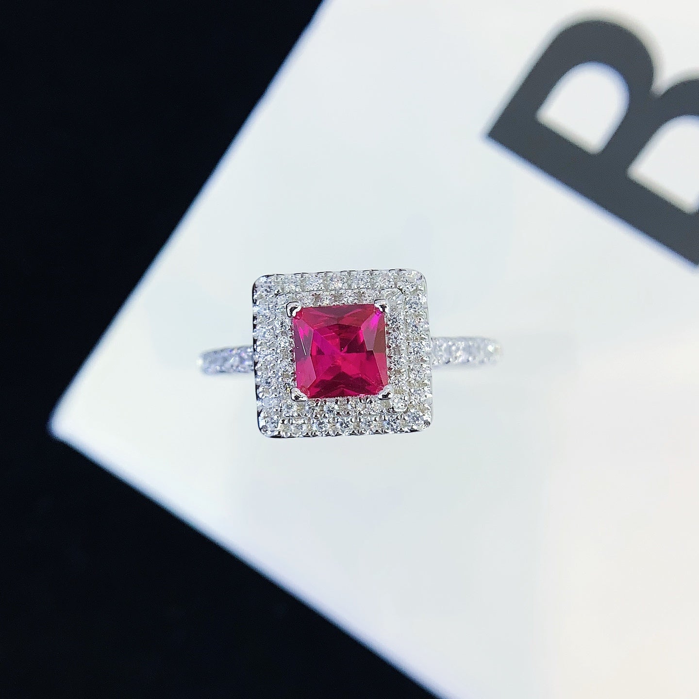 S925 silver ring set with square pink gemstones