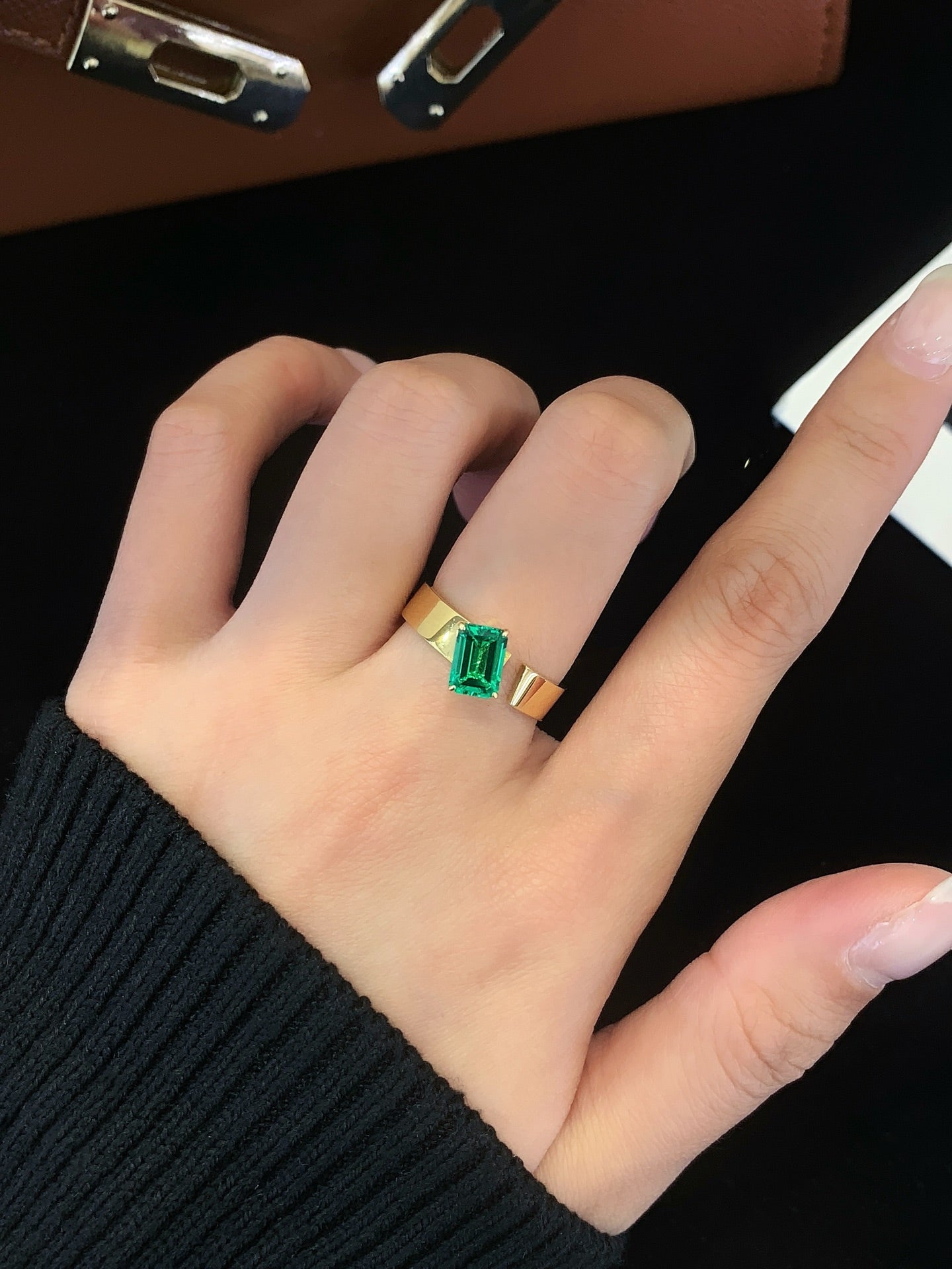 18K Gold Cultured Emerald Open Ring